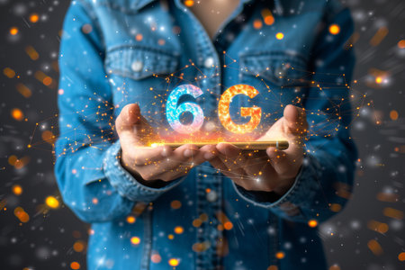 Interactive holographic shining text icon  6g  floating over mobile phone in handの素材