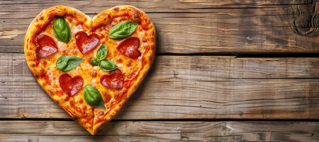 Heart shaped pizza for romantic dinner, top view with copy space, italian cuisineの素材