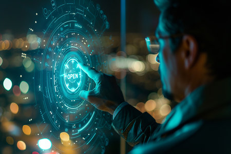 Vibrant and mesmerizing holographic  open  icon shining brightly in the air, inviting interactionの素材