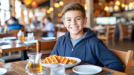 Happy preteen enjoying waffle fries in restaurant with blurred background and copy spaceの素材