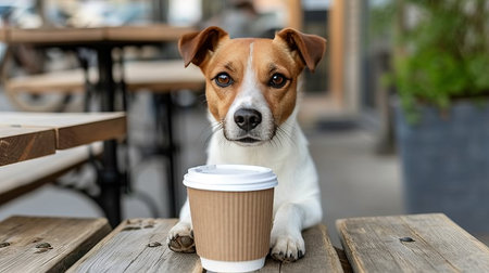 Close up of an adorable dog with a coffee to go paper cup in its paw, looking for a refillの素材