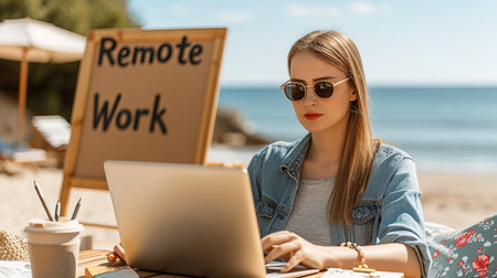 Remote work concept  woman working on laptop at beach with  remote work  sign in the backgroundの素材