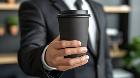 Close up of confident businessman holding an empty coffee to go paper cup professionallyの素材