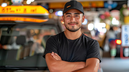 Confident bearded taxi driver standing in front of cab, arms crossed, smiling at cameraの素材