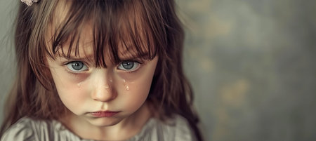 Crying toddler girl with teary eyes, expressing sadness with visible tears streaming down her faceの素材