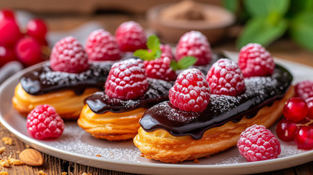 Exquisite variety of french eclair desserts in different flavors and vibrant colors on a white plateの素材