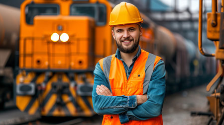 Cheerful bearded train driver posing proudly in front of train, arms crossed, wearing hatの素材