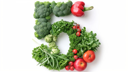 Colorful number 5 made of fruits and vegetables isolated on white background for creative concept.の素材