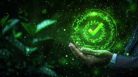 Businessman with holographic green compliance tick mark for certification conceptの素材