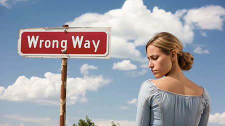 Confused woman standing at a crossroad with a sign indicating the wrong directionの素材