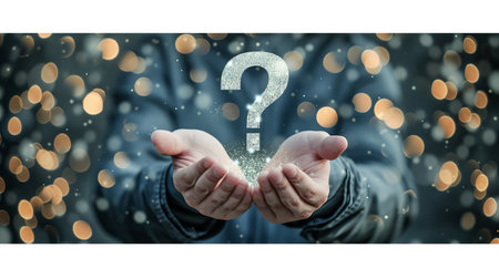 Certification and audit concept  businessman holding digital hologram of white question tick symbolの素材