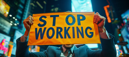 Happy businessman holding  stop working  sign at night party with blurred city lights in backgroundの素材