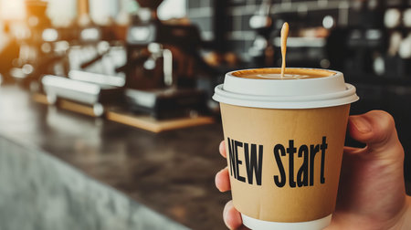 New start  text on coffee cup with hands holding for positive morning vibes and happy concept imageの素材