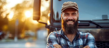 Smiling bearded truck driver with crossed arms in front of truck, copy space for text placementの素材
