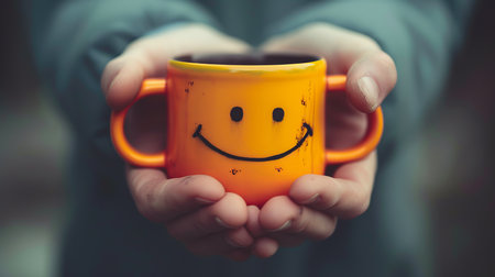 Morning concept image  hand holding coffee cup with a smiling face, spreading joy and positivity.の素材