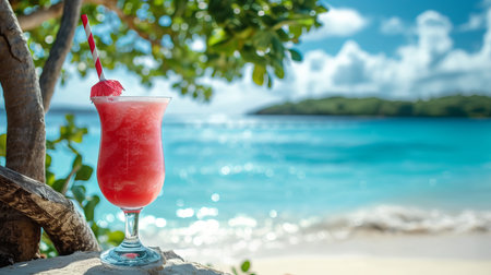 Tropical scene  bahama mama cocktail with blurred beach background and copy space for textの素材