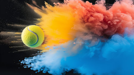 Vibrant tennis ball releasing captivating multicolored smoke on black backgroundの素材