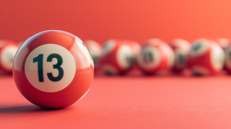 Close up of red lottery balls on pastel background with focus on lucky number 13の素材