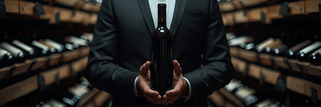 Wine merchant presenting red wine bottle in shop with copy space for text placementの素材