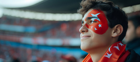 Excited man with turkey flag face paint cheering at stadium, with space for text.の素材