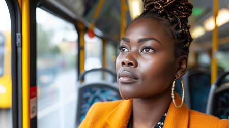 Eco friendly black businesswoman reducing pollution by commuting via public transportationの素材