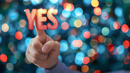 Dazzling holographic display with suspended  yes  icon, offering an interactive experience.の素材