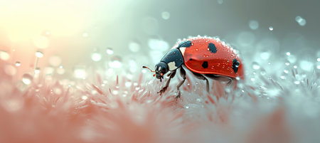 Ladybug on white flower with bright spring background, minimalistic design with copy spaceの素材