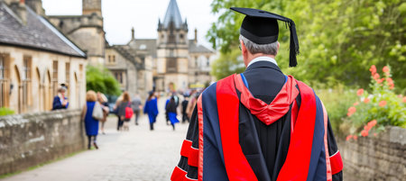 Confident graduate walking through historic university corridor with peers, space for textの素材