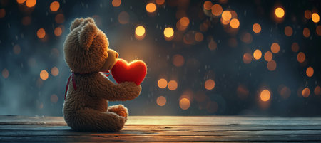 Cute baby bear with heart shaped gift on magical background, valentine s day, copy space.の素材