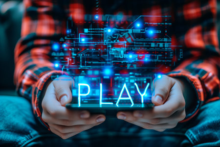 Interactive holographic shining text icon  play  over mobile phone   futuristic technology conceptの素材