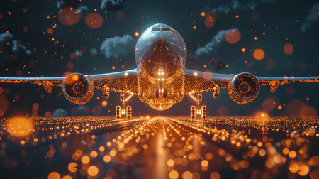 Glowing interactive holographic airborne transport icon with futuristic technology concept.の素材