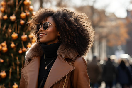 Cheerful woman shopping for christmas gifts in bright shopping center with natural lightの素材