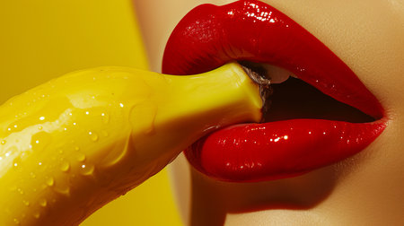 Glamorous model with red lips makeup sensually biting into vibrant yellow banana in close up shotの素材
