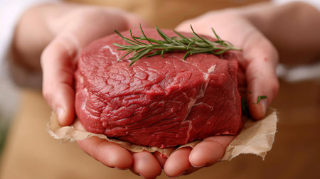 Butcher s hands holding a large, marbled raw beef steak for sale in a local meat marketの素材