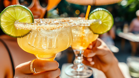 Couple enjoying margaritas on a tropical beach on a sunny summer day with copy spaceの素材