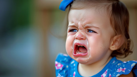 Close up portrait of a young toddler girl with teary eyes and a sad expression on her faceの素材