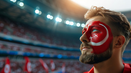Excited turkey flag painted man supporting team at sports event with blurry stadium backgroundの素材