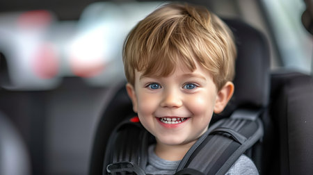 Happy young boy sitting in a car safety seat, concept of safe travel and transportationの素材