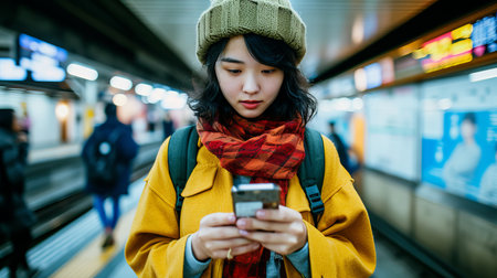 Asian woman on train station platform, checking mobile phone for information and updatesの素材