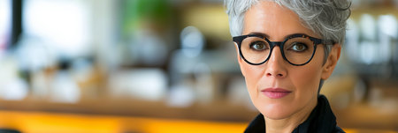 Middle aged woman with glasses and grey hair in office setting, space for text placement.の素材