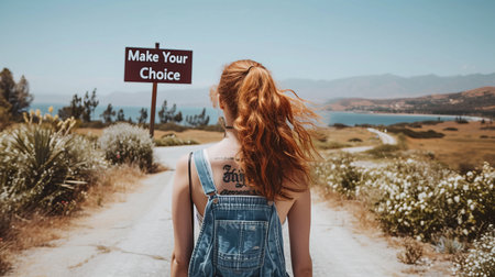 Woman standing at crossroad with two way sign, encouraging decision making and choice selection.の素材