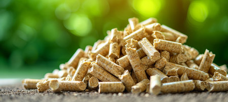 Stack of biomass wood pellets pile and woodpile on blurred background with copy spaceの素材