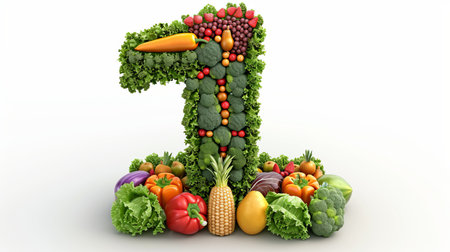 Number 1 made of assorted fruits and vegetables, isolated on white background with copy spaceの素材
