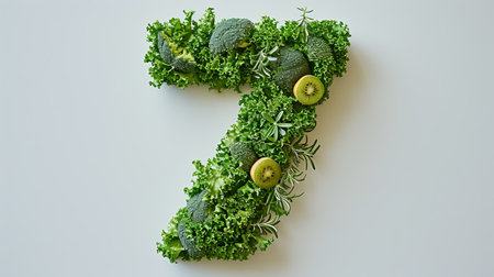 Number 7 made of fruits and vegetables on a clean white background, creating a vibrant compositionの素材
