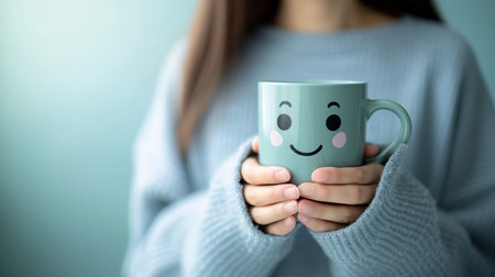 Happy morning concept  hands holding coffee cup with smiling face mug for a positive startの素材
