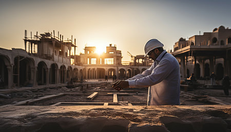 Successful collaboration  businessman and engineer shaking hands at construction site backgroundの素材