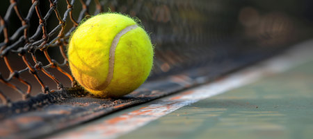 Yellow tennis ball flying into net on dark background with copy space for text placementの素材
