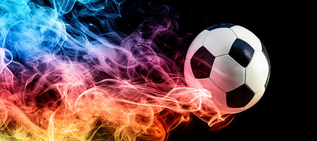 Soccer ball with colorful smoke isolated on black background, copy space for text placementの素材
