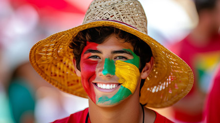 Cheerful portugal fan with face paint, blurry stadium background, space for text placementの素材