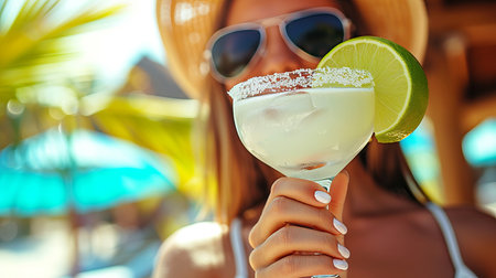 Tropical paradise  woman with margarita on sunny beach, perfect for text placement.の素材